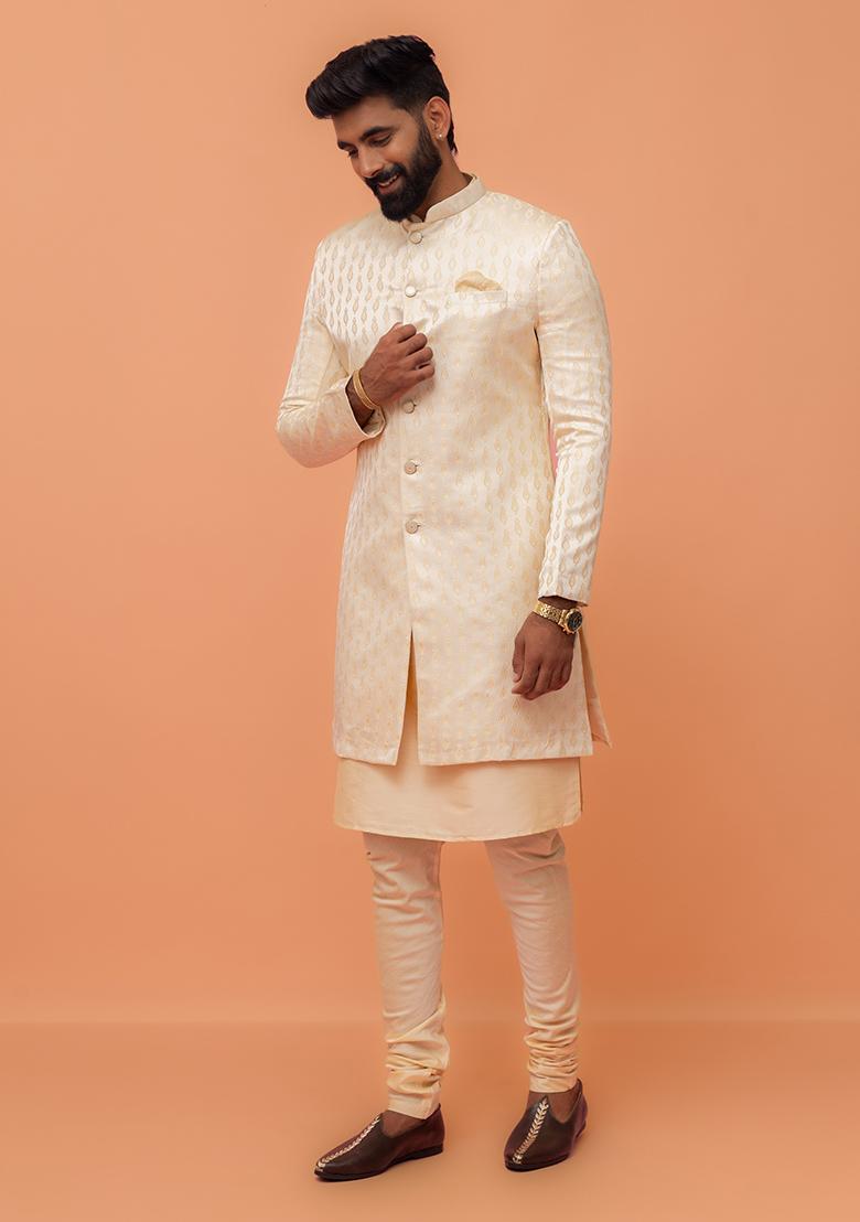 Cream Embroidered Silk Indo Western Sherwani Set For Men