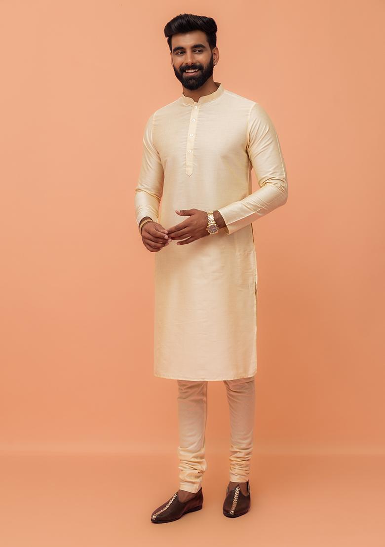 Cream Embroidered Silk Indo Western Sherwani Set For Men