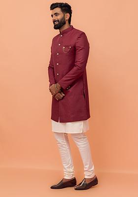 Maroon Solid Cotton Indo Western Sherwani Set For Men