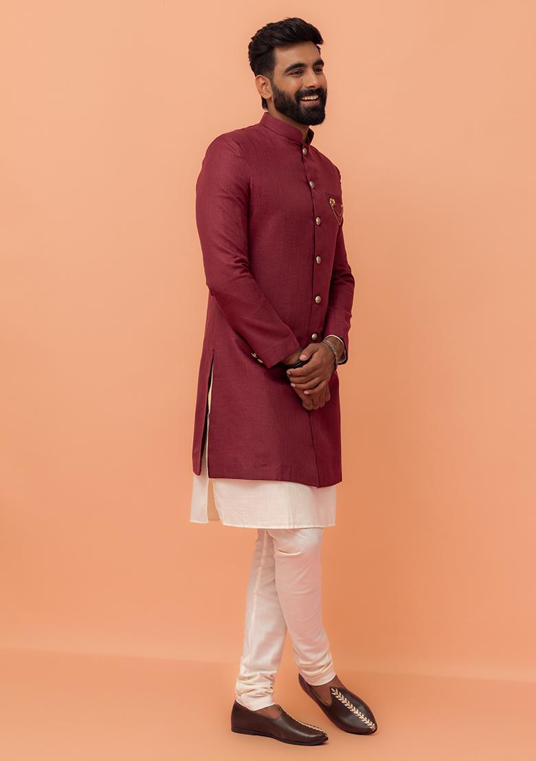 Maroon Solid Cotton Indo Western Sherwani Set For Men