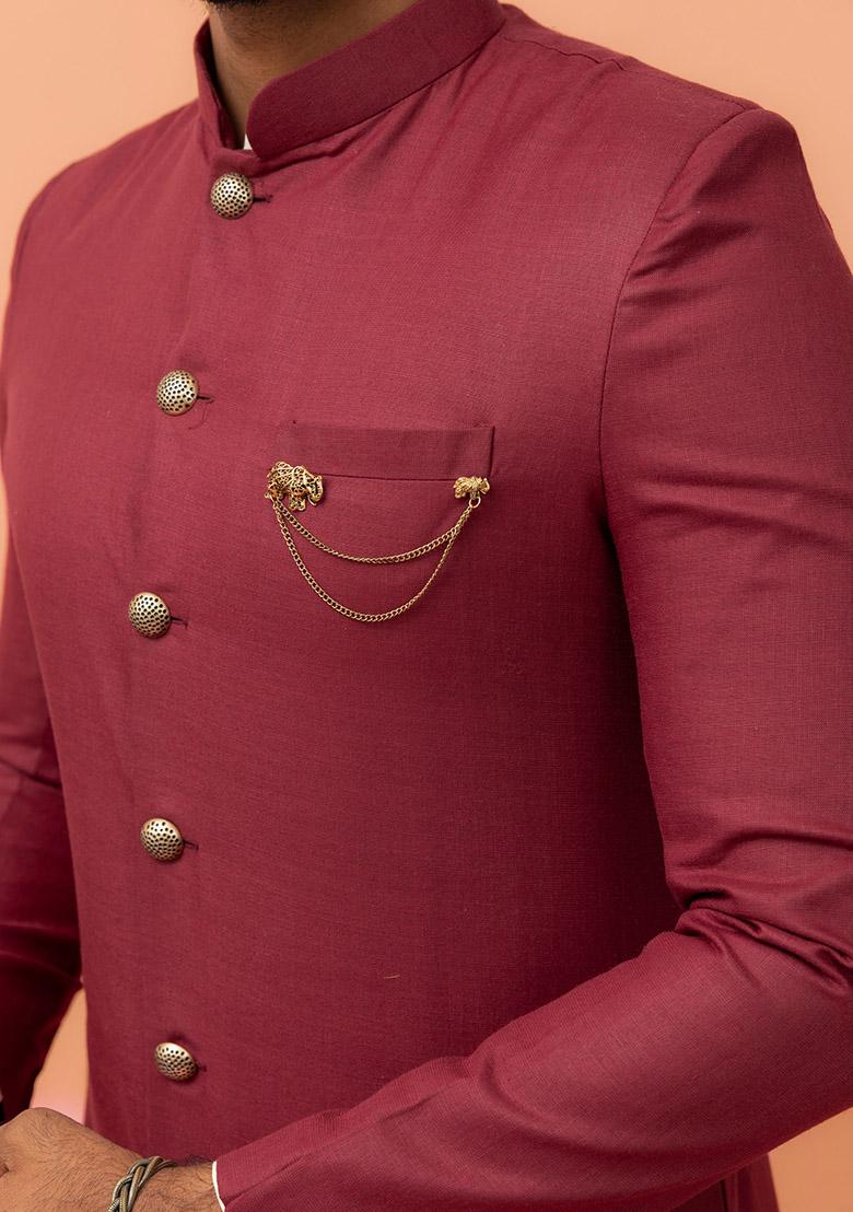 Maroon Solid Cotton Indo Western Sherwani Set For Men