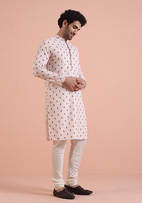 White Printed Cotton Kurta For Men