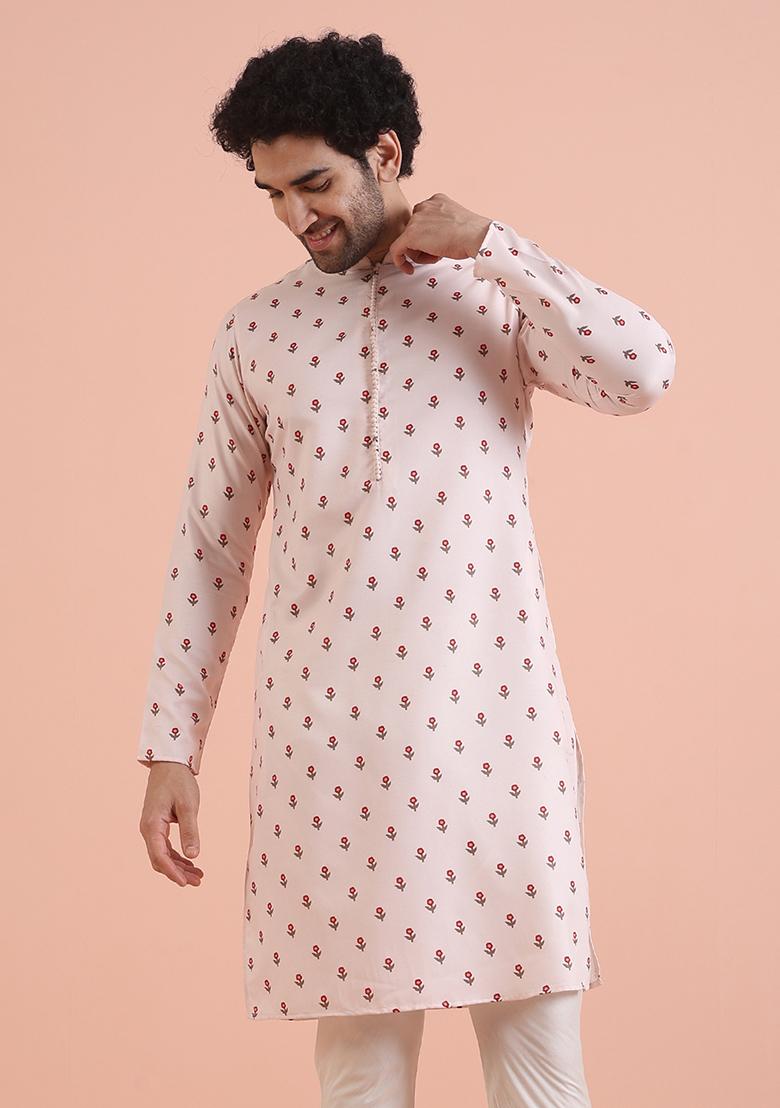 White Printed Cotton Kurta For Men