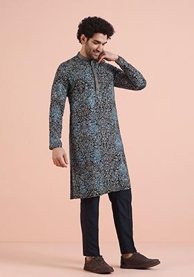 Navy Blue Printed Cotton Kurta For Men