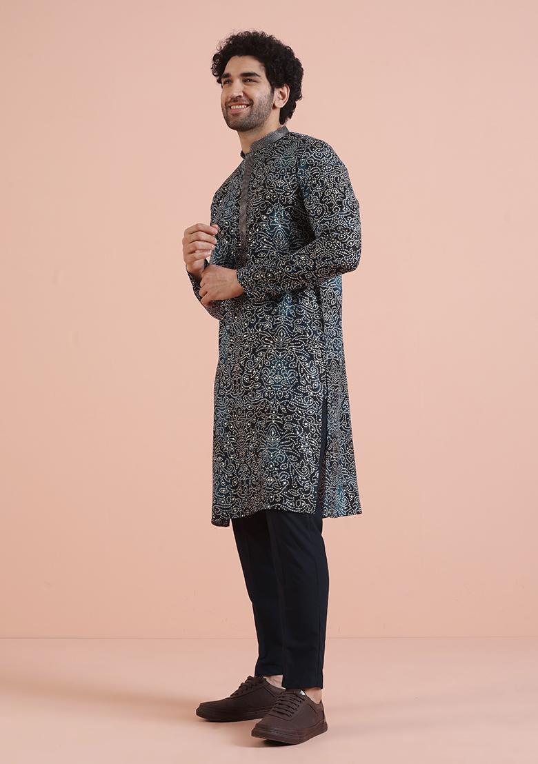Navy Blue Printed Cotton Kurta For Men