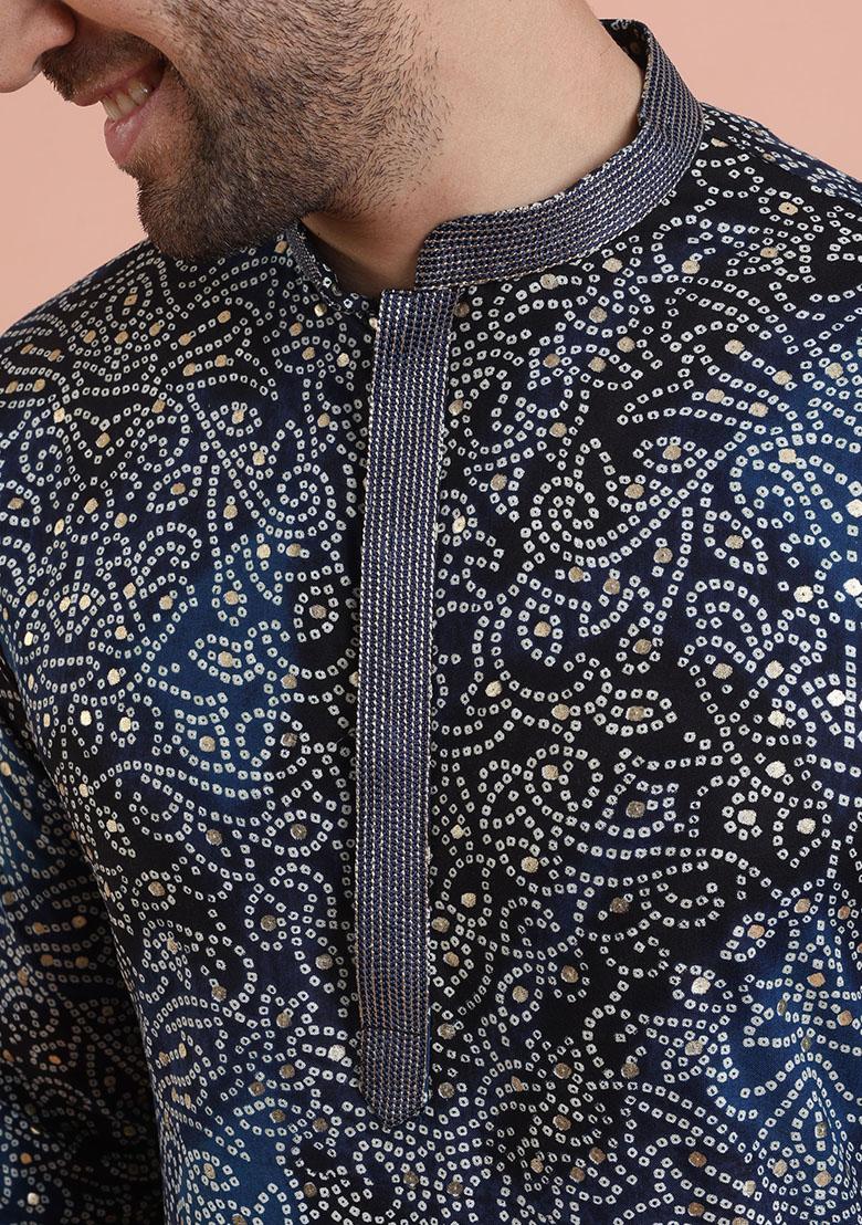 Navy Blue Printed Cotton Kurta For Men