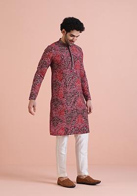 Magenta Printed Cotton Kurta For Men