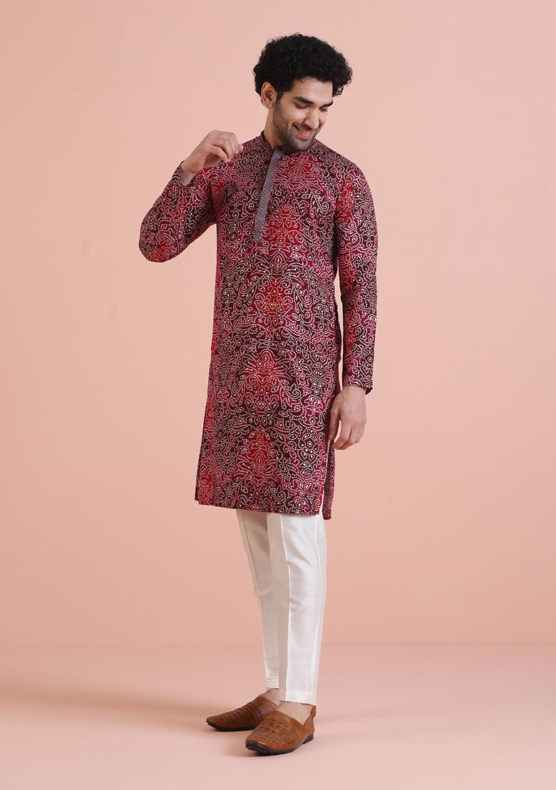Magenta Printed Cotton Kurta For Men