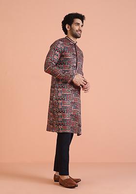 Navy Blue Printed Cotton Kurta For Men