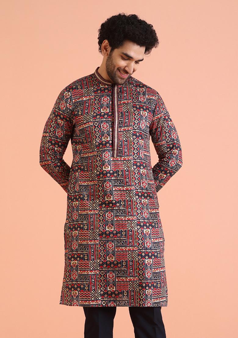 Navy Blue Printed Cotton Kurta For Men