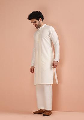 Off White Pleated Cotton Kurta For Men