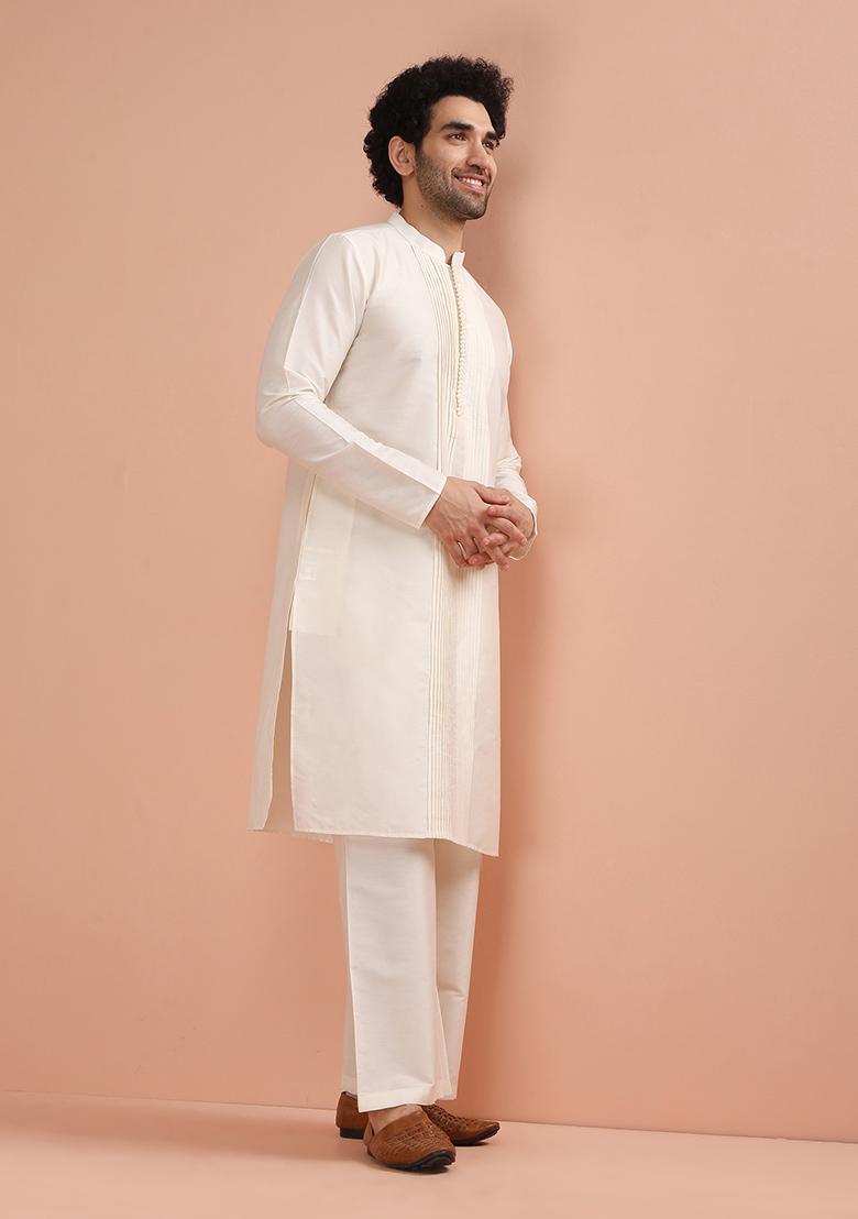 Off White Pleated Cotton Kurta For Men