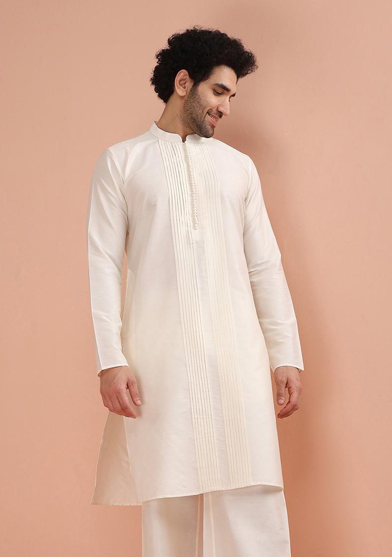 Off White Pleated Cotton Kurta For Men