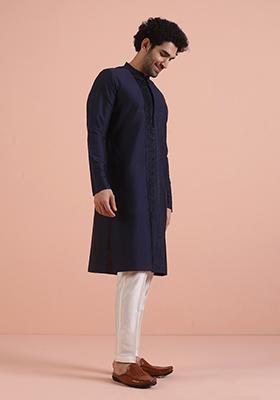 Navy Blue Pleated Cotton Kurta For Men