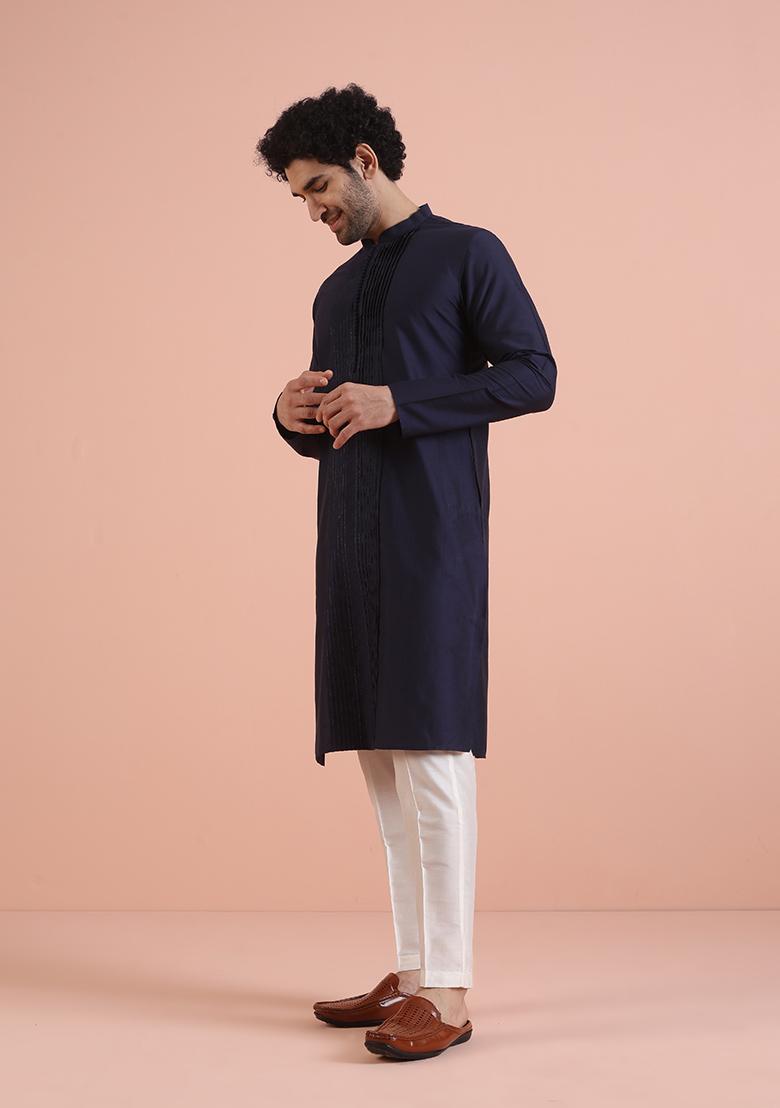 Navy Blue Pleated Cotton Kurta For Men