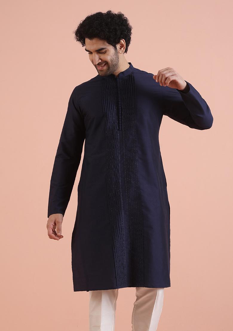 Navy Blue Pleated Cotton Kurta For Men