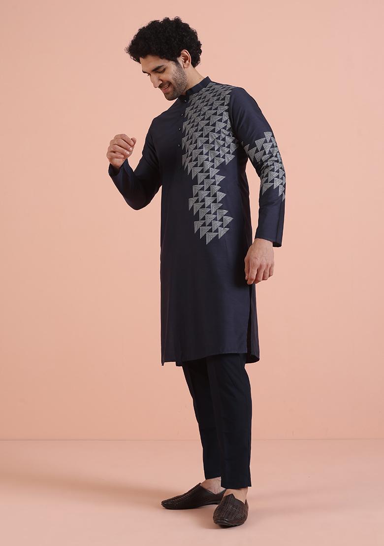 Navy Blue Printed Cotton Kurta For Men