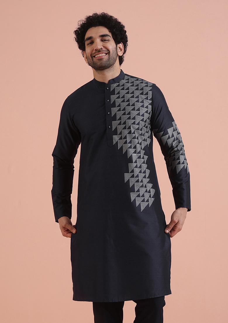 Navy Blue Printed Cotton Kurta For Men
