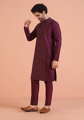 Wine Printed Cotton Kurta For Men