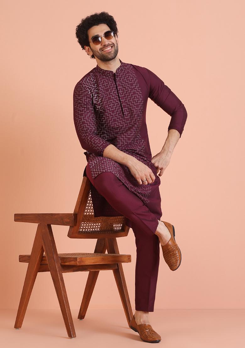 Wine Printed Cotton Kurta For Men