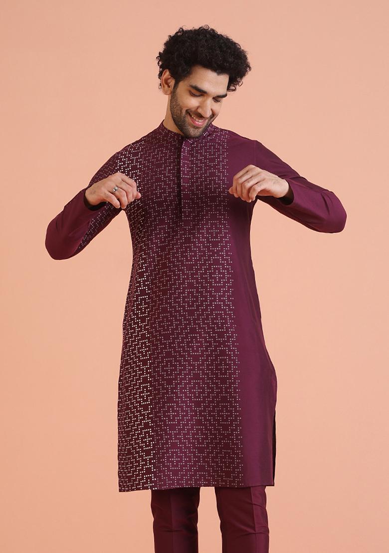 Wine Printed Cotton Kurta For Men