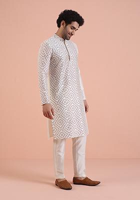 Off White Printed Cotton Kurta For Men