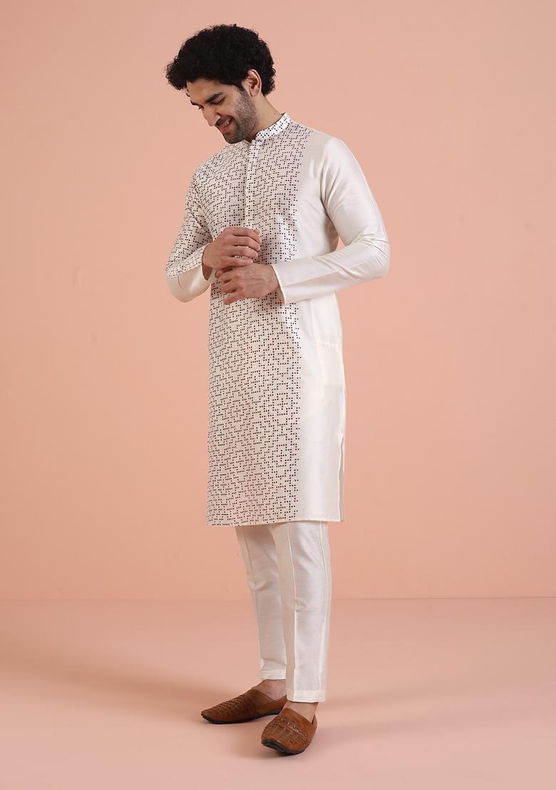 Off White Printed Cotton Kurta For Men