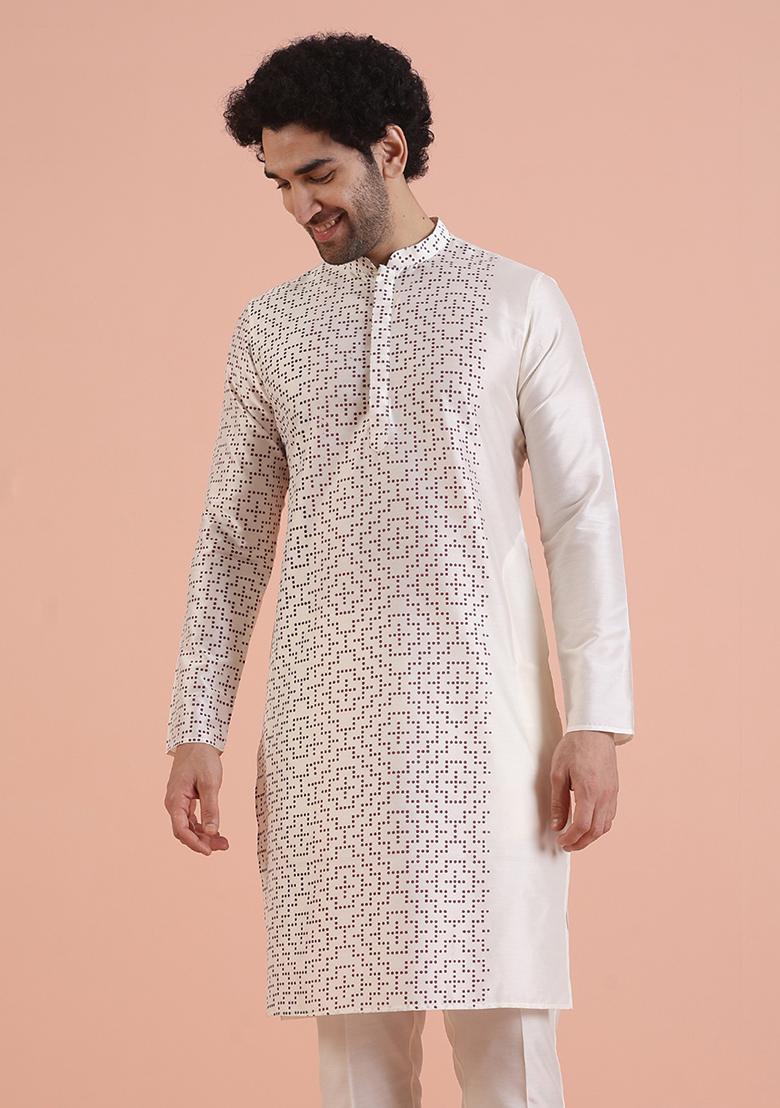 Off White Printed Cotton Kurta For Men