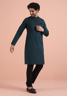 Teal Blue Embroidered Silk Kurta For Men