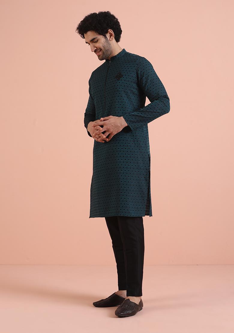 Teal Blue Embroidered Silk Kurta For Men