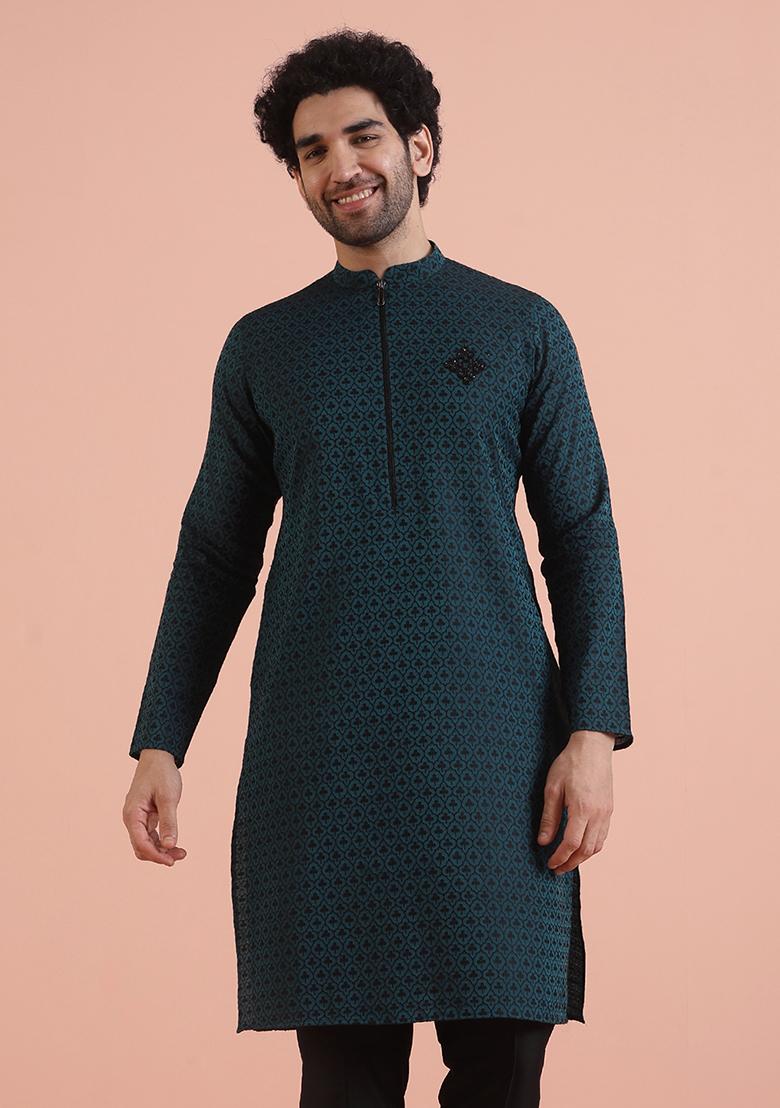 Teal Blue Embroidered Silk Kurta For Men