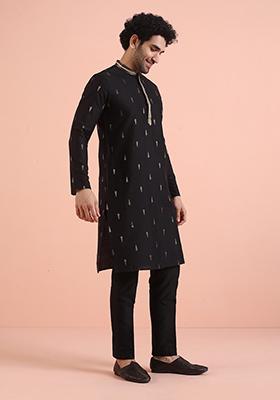 Black Embroidered Silk Kurta For Men