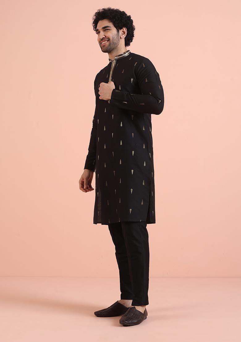Black Embroidered Silk Kurta For Men