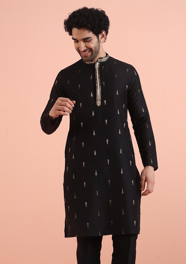 Black Embroidered Silk Kurta For Men