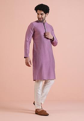 Mauve Embroidered Silk Kurta For Men