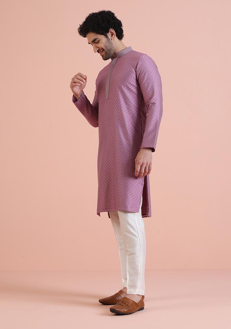 Mauve Embroidered Silk Kurta For Men