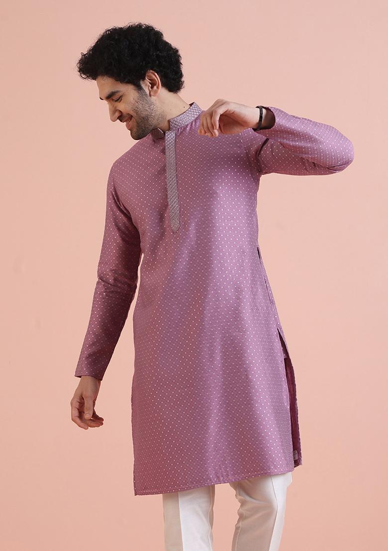 Mauve Embroidered Silk Kurta For Men