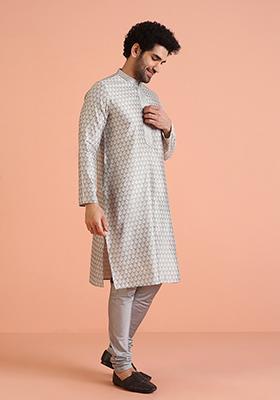 Grey Embroidered Silk Kurta For Men