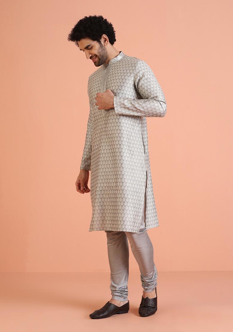Grey Embroidered Silk Kurta For Men