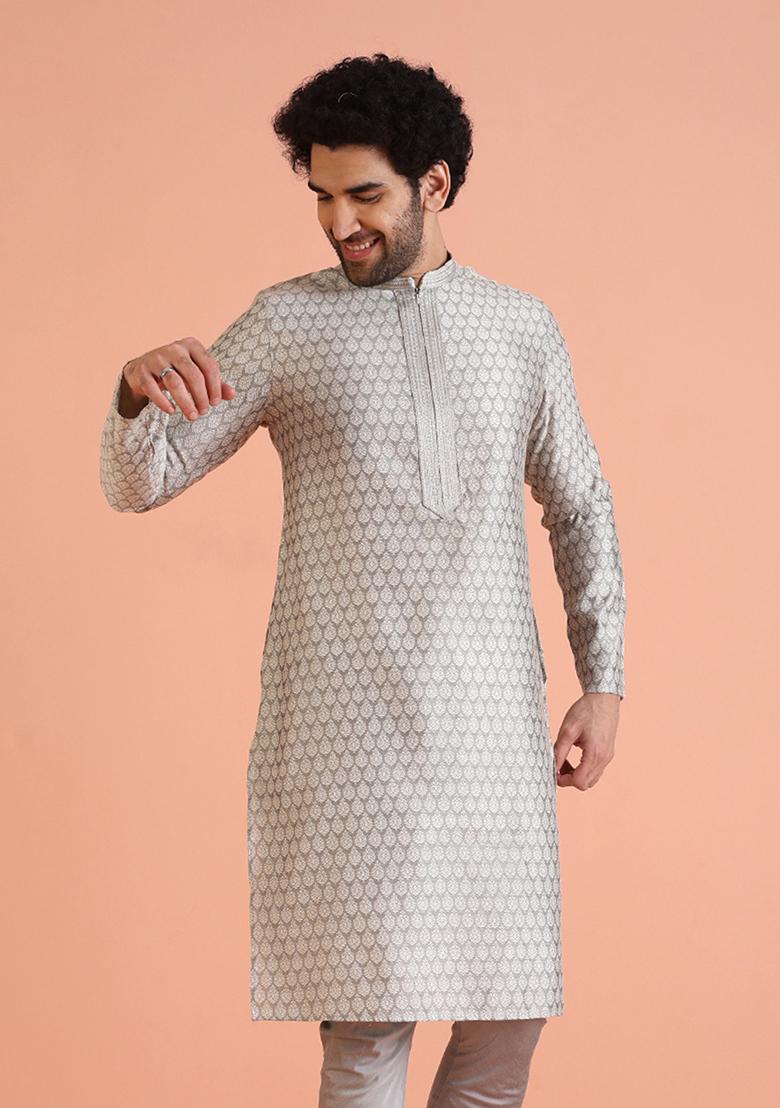 Grey Embroidered Silk Kurta For Men
