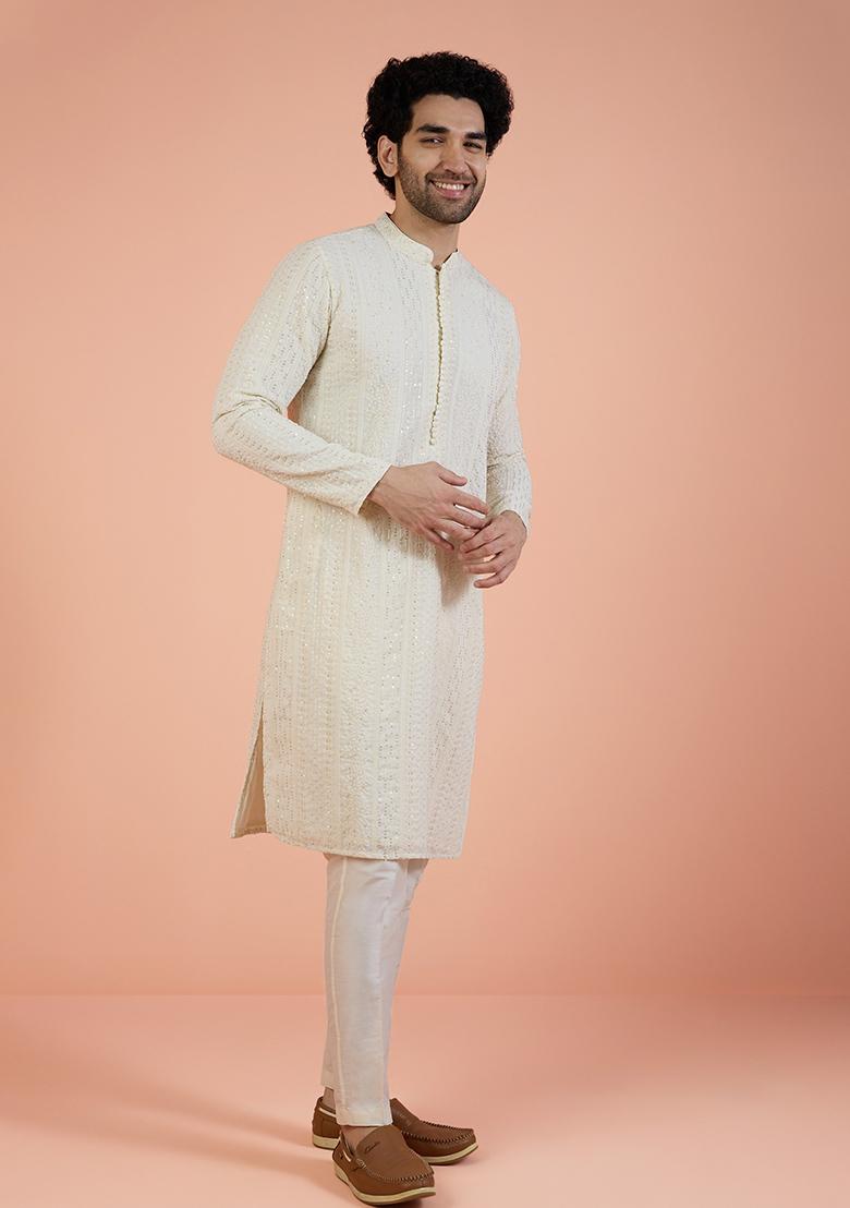 Off White Embroidered Georgette Kurta For Men