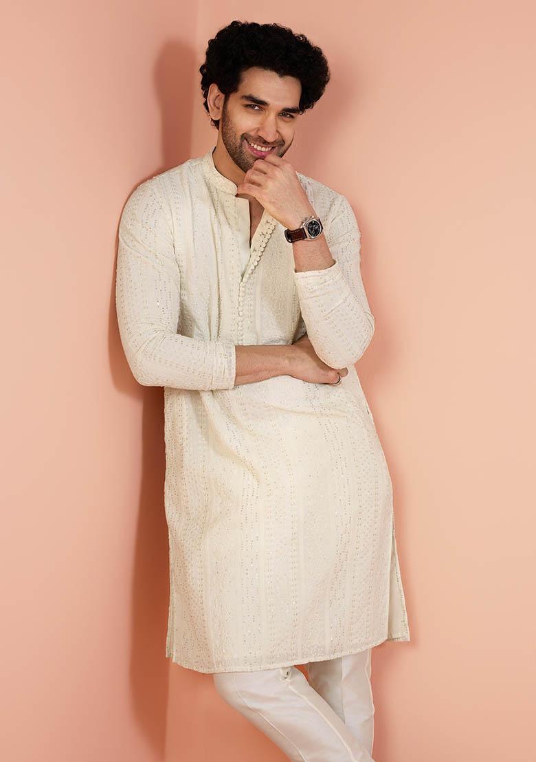Off White Embroidered Georgette Kurta For Men