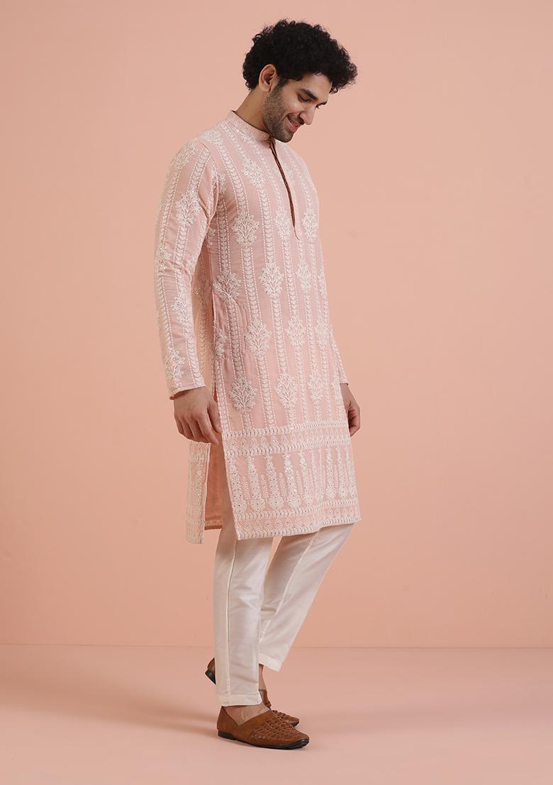 Pink Embroidered Georgette Kurta For Men