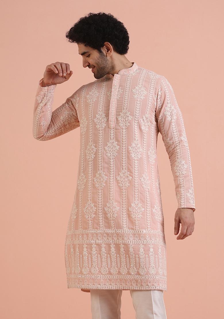 Pink Embroidered Georgette Kurta For Men