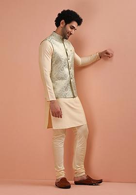 Cream Embroidered Silk Nehru Jacket For Men