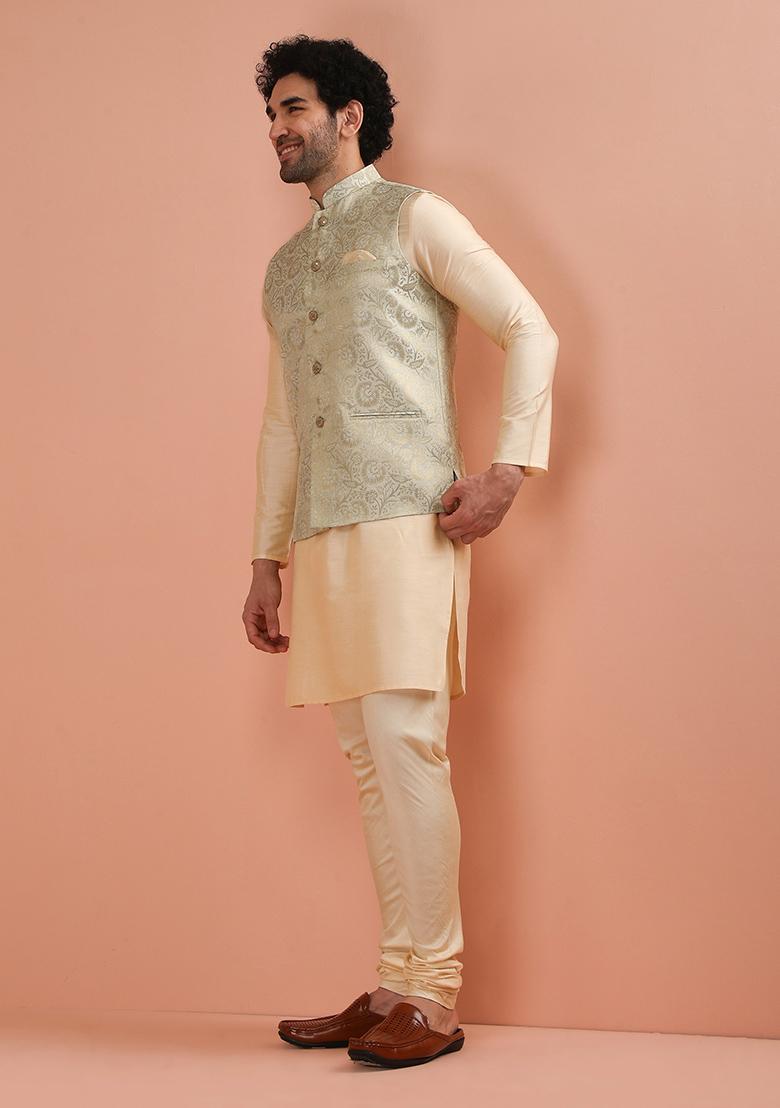 Cream Embroidered Silk Nehru Jacket For Men