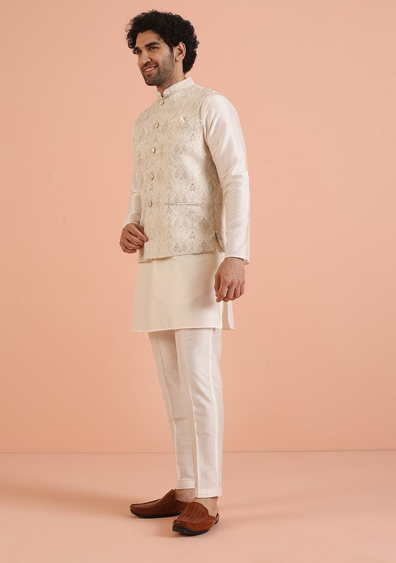 Off White Embroidered Silk Nehru Jacket For Men