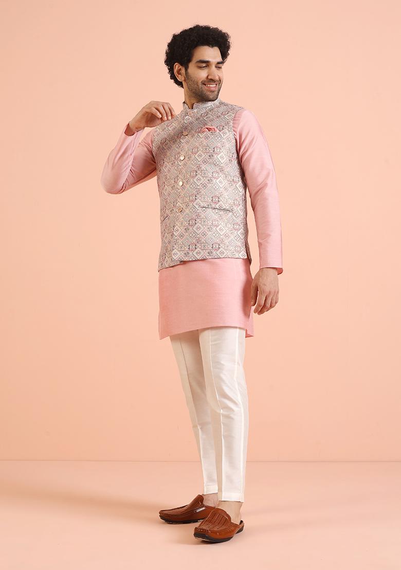 Multi Colour Embroidered Silk Nehru Jacket For Men