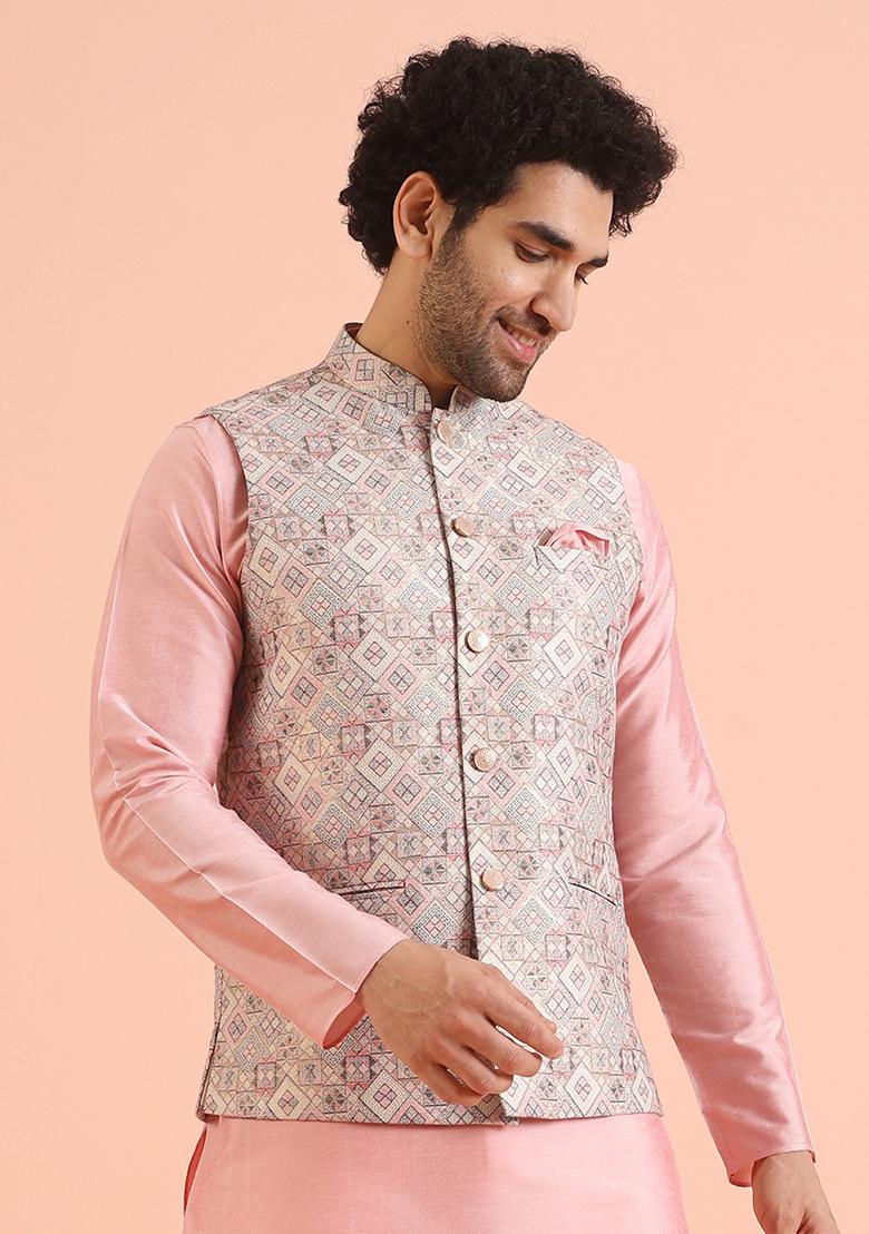 Multi Colour Embroidered Silk Nehru Jacket For Men