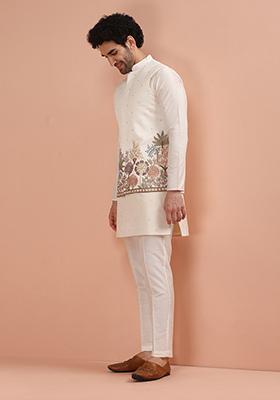 Off White Embroidered Cotton Nehru Jacket For Men